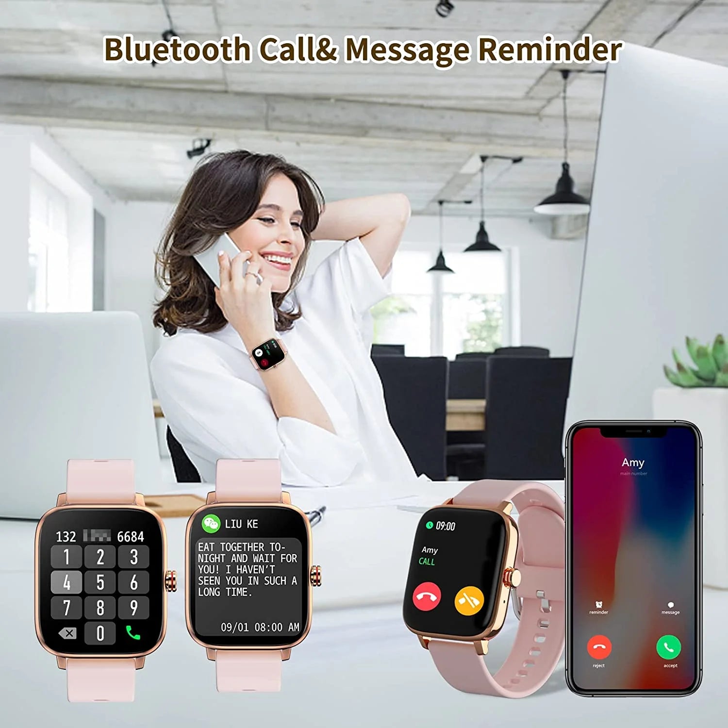 Smart Watch, 1.7'' Full Touch Answer/Make Call Android Smartwatch for Women & Men Compatible with Android & Ios (Pink)