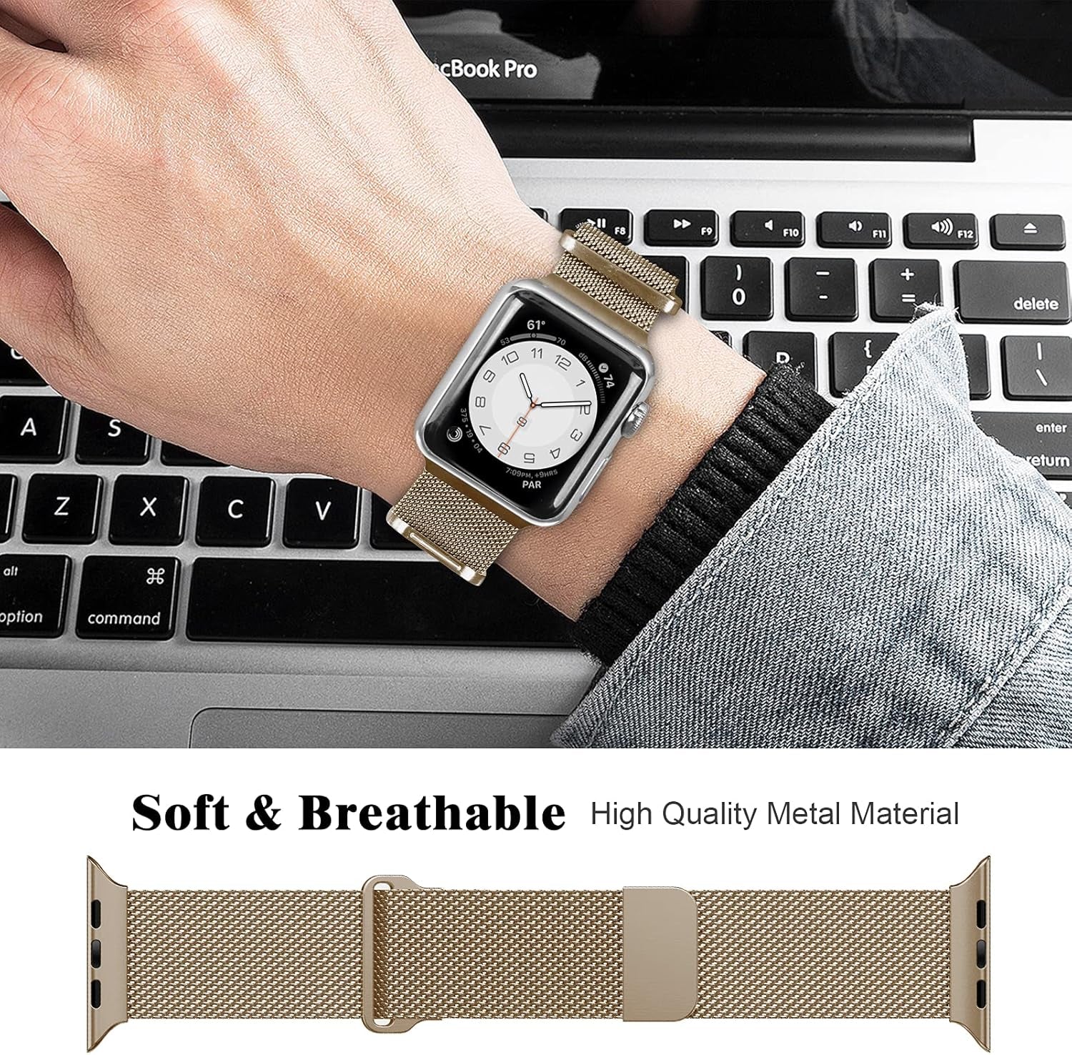 Metal Magnetic Bands Compatible for Apple Watch 38Mm with Case, Stainless Steel Milanese Mesh Loop Replacement Strap Compatible with Iwatch Series 10/9/8/7/6/5/4/3/2/1 SE Women Men, Light Gold