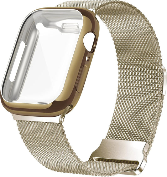 Metal Magnetic Bands Compatible for Apple Watch 38Mm with Case, Stainless Steel Milanese Mesh Loop Replacement Strap Compatible with Iwatch Series 10/9/8/7/6/5/4/3/2/1 SE Women Men, Light Gold