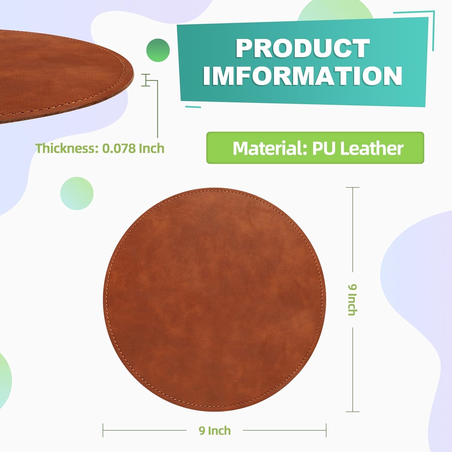 Mouse Pad，Round Mouse Pad，Pu Mouse Pad，Leather Mouse Pad with Stitched Edge Micro-Fiber Base with Non-Slip Waterproof，Mouse Pad for Computers，Laptop，9 X 9 Inch (Caramel Brown)