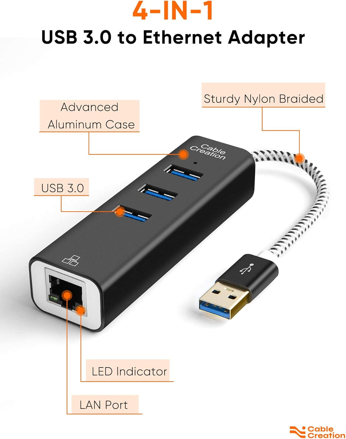 USB to Ethernet Adapter,  3-Port USB 3.0 Hub, USB 3.0 Ethernet Adapter RJ45 10/100/1000 Mbps Gigabit Compatible with Windows PC, Laptop, Macbook Pro, USB Flash Drives Etc, Aluminum Black