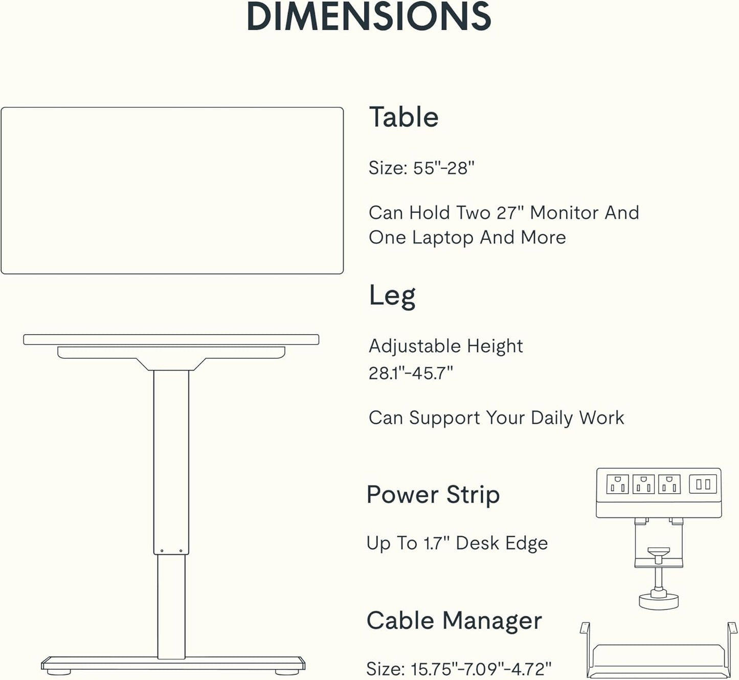 EN2 Whole-Piece Standing Desk with Clamp Power Strip, 55 X 28 Electric Stand up Height Adjustable Desk with Cable Management (White Frame + 55" White Top,2 Packages)