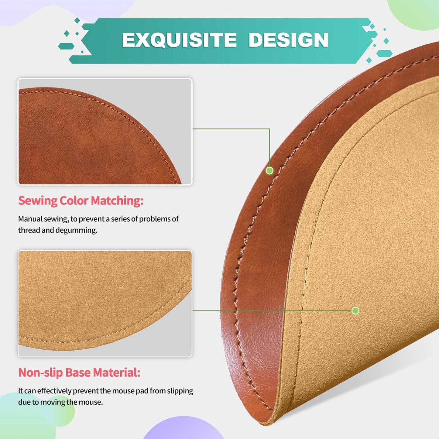 Mouse Pad，Round Mouse Pad，Pu Mouse Pad，Leather Mouse Pad with Stitched Edge Micro-Fiber Base with Non-Slip Waterproof，Mouse Pad for Computers，Laptop，9 X 9 Inch (Caramel Brown)