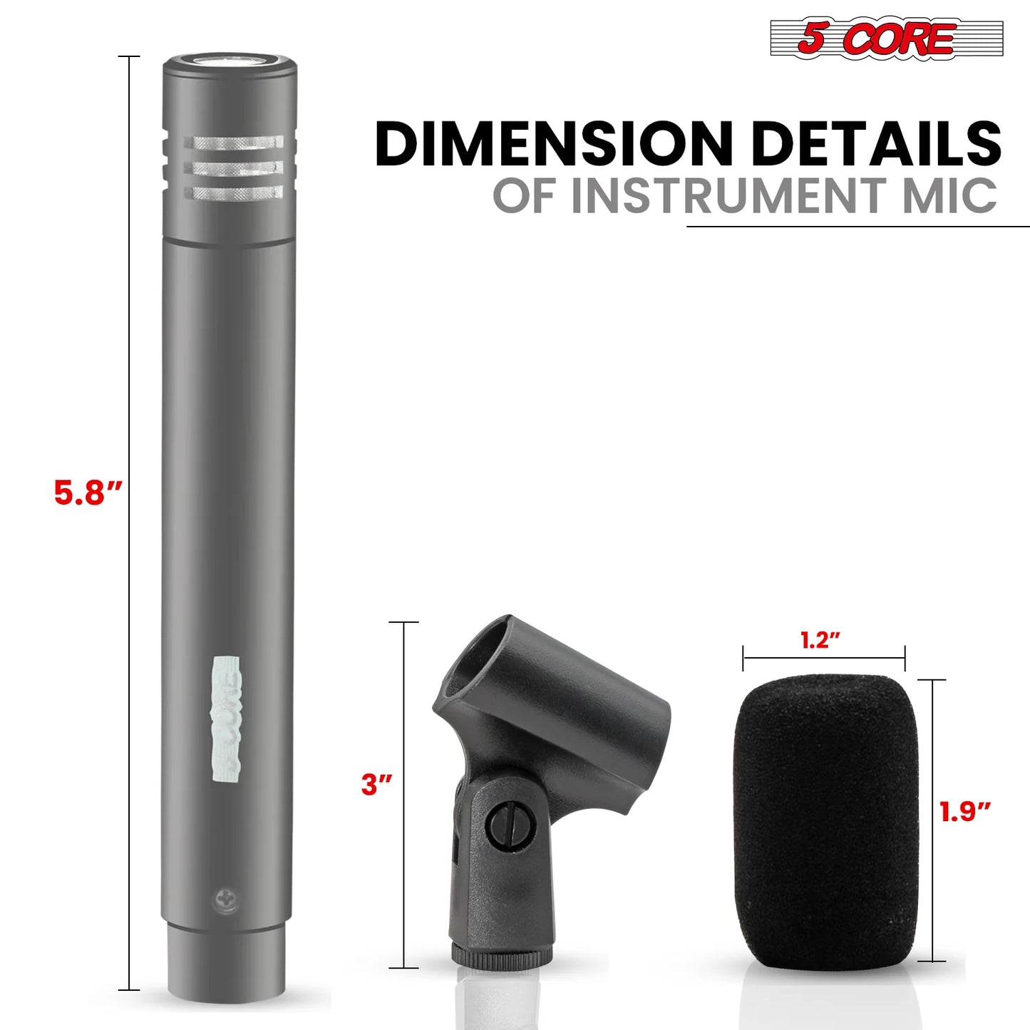 5Core Instrument Microphone Professional XLR Cardioid Pencil Stick Condenser Mic Grey