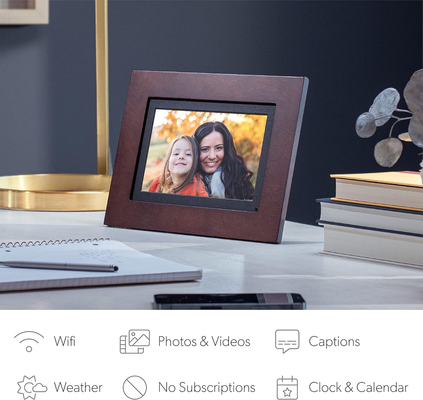 Photoshare 8” Wifi Digital Picture Frame, Send Pics from Phone to Frames, 8 GB, Holds 5,000+ Photos, HD Touchscreen, Espresso Wood Frame, Easy Setup, No Fees