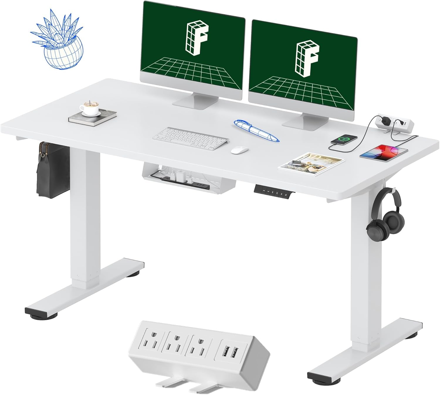 EN2 Whole-Piece Standing Desk with Clamp Power Strip, 55 X 28 Electric Stand up Height Adjustable Desk with Cable Management (White Frame + 55" White Top,2 Packages)