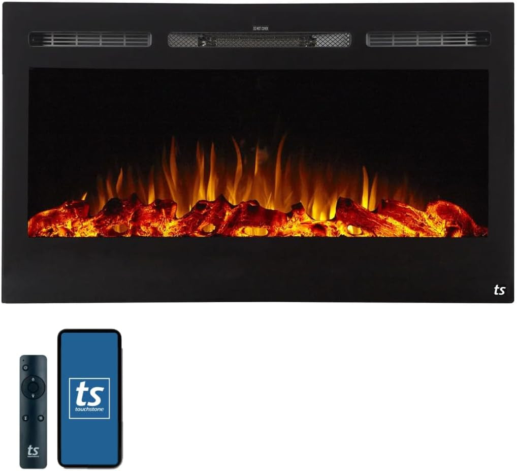 Smart Electric Fireplace-The Sideline 36" Wide-In Wall Recessed - 30 Realistic Ember Color/Flame Options - 1,500W Heater W/Thermostat - Log & Crystal Hearth Options - Alexa/Wifi Enabled