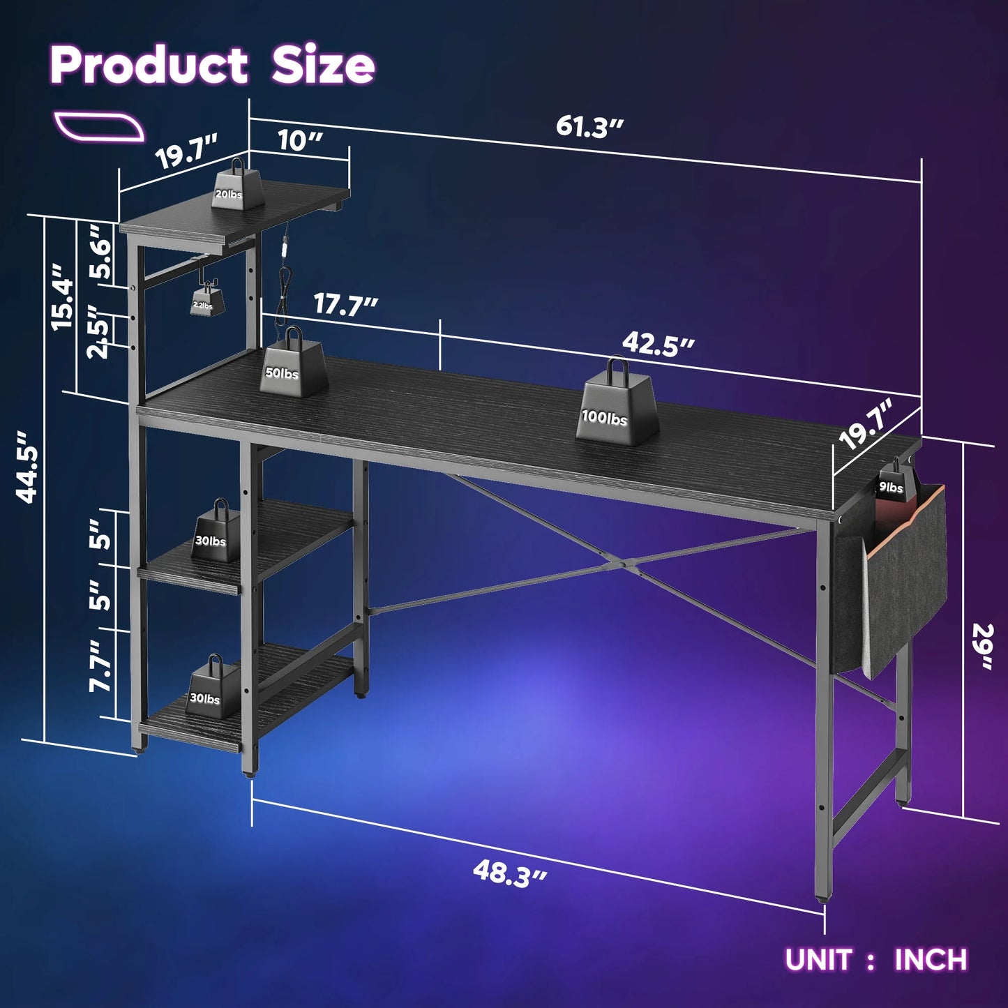 61" Reversible Gaming Computer Desk with LED Lights 4 Tier Shelves Black