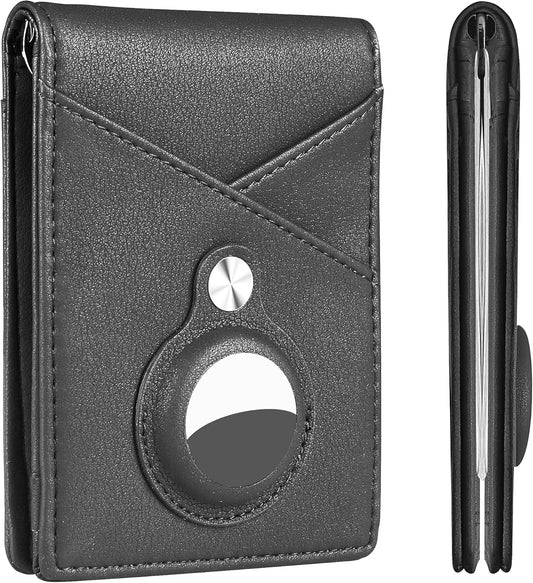 Slim Bifold Wallet for Airtag with Spring Money Clip, Mens Minimalist Bifold Wallet with Built-In Holder for Airtag