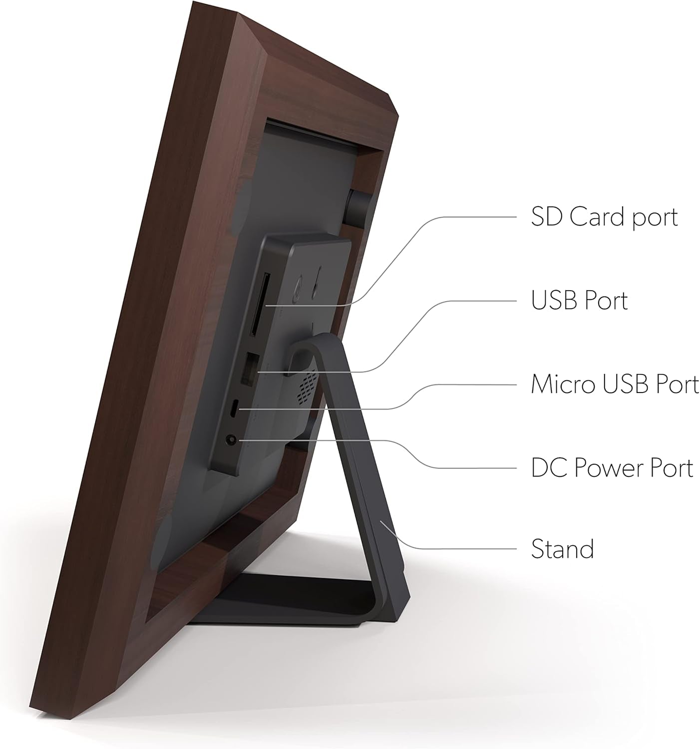 Photoshare 8” Wifi Digital Picture Frame, Send Pics from Phone to Frames, 8 GB, Holds 5,000+ Photos, HD Touchscreen, Espresso Wood Frame, Easy Setup, No Fees