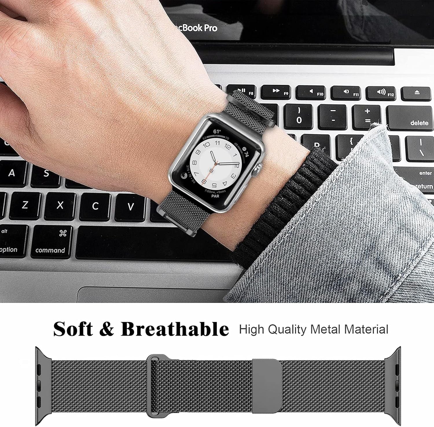 Metal Magnetic Bands Compatible for Apple Watch Band 42Mm with Case, Stainless Steel Milanese Mesh Loop Replacement Strap Compatible with Iwatch Series SE 10-1 for Women Men,Black