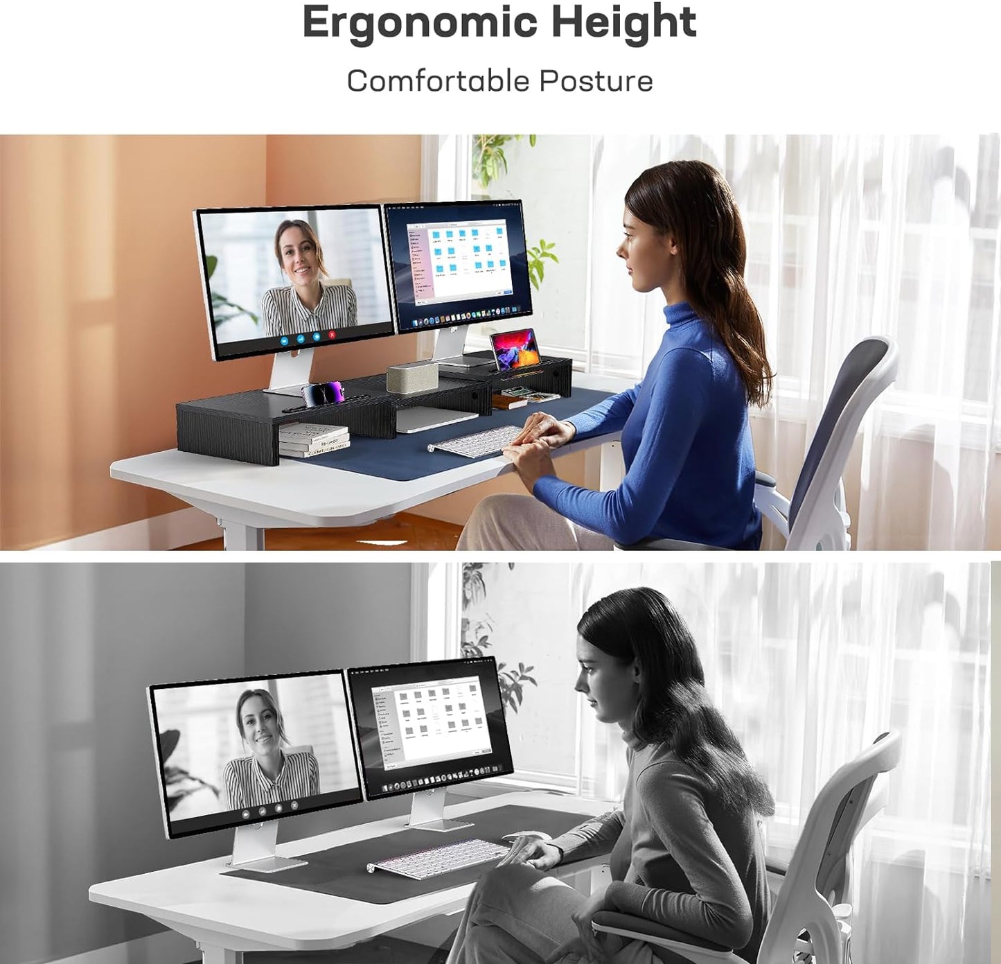 Dual Monitor Stand for Desk, Monitor Stand with 2 Slots for Phone and Tablet, Dual Monitor Riser with Length and Angle Adjustable, Computer Stand for Monitor, Laptop, Tablet (Black)