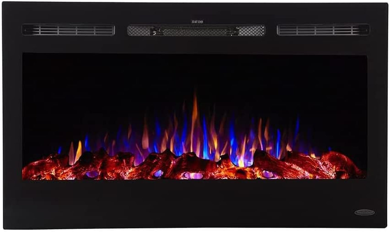 Smart Electric Fireplace-The Sideline 36" Wide-In Wall Recessed - 30 Realistic Ember Color/Flame Options - 1,500W Heater W/Thermostat - Log & Crystal Hearth Options - Alexa/Wifi Enabled