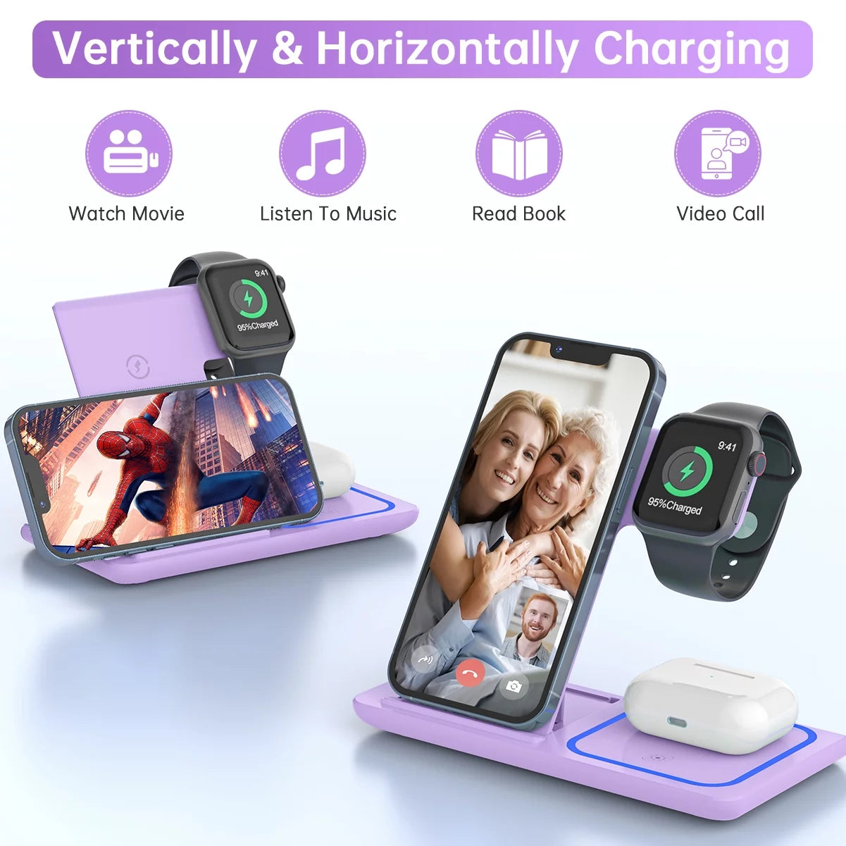 Wireless Charging Station, 3 in 1 Wireless Charger for Iphone 16/15/14/13/12/11/Pro/Pro Max/Xs, Sumsung Galaxy S26 S25 S23, 18W Charging Dock for Iwatch 10/9/8/7/6/5/4/3, Airpods 4/3/2/Pro(Purple)