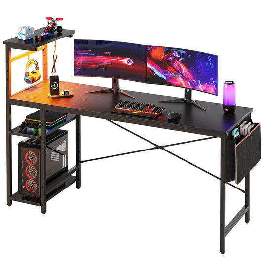 61" Reversible Gaming Computer Desk with LED Lights 4 Tier Shelves Black