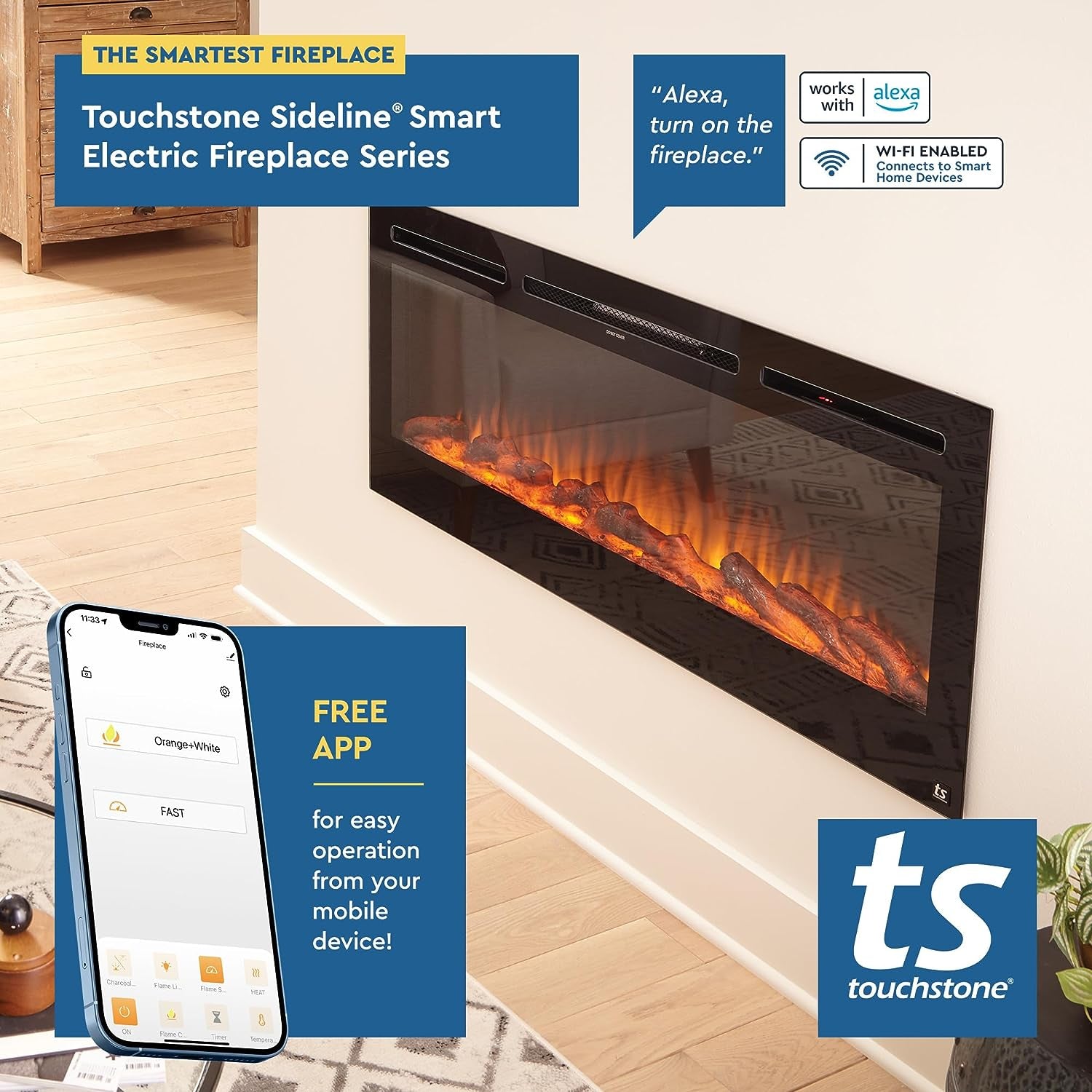 Smart Electric Fireplace-The Sideline 36" Wide-In Wall Recessed - 30 Realistic Ember Color/Flame Options - 1,500W Heater W/Thermostat - Log & Crystal Hearth Options - Alexa/Wifi Enabled