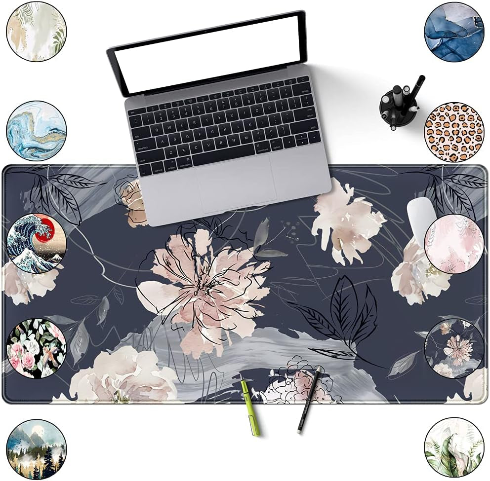 XL Mouse Pad Gaming Mouse Pad (31.5X15.7 In), Large Non-Slip Base Mousepad with Stitched Edges, Waterproof Keyboard Mouse Mat Desk Pad for Work Blue and Grey Pink White Peony …