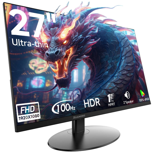 27" Ultra-Thin 100Hz Gaming Monitor, FHD 1080P, 1Ms, Freesync, 3-Sided Borderless, HDMI, Speakers, Low Blue Light, Anti-Glare, for PC & Office