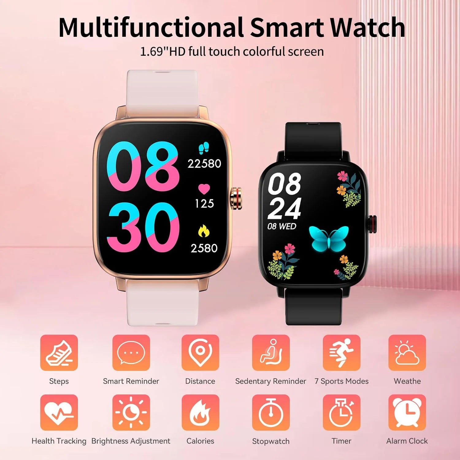 Smart Watch, 1.7'' Full Touch Answer/Make Call Android Smartwatch for Women & Men Compatible with Android & Ios (Pink)