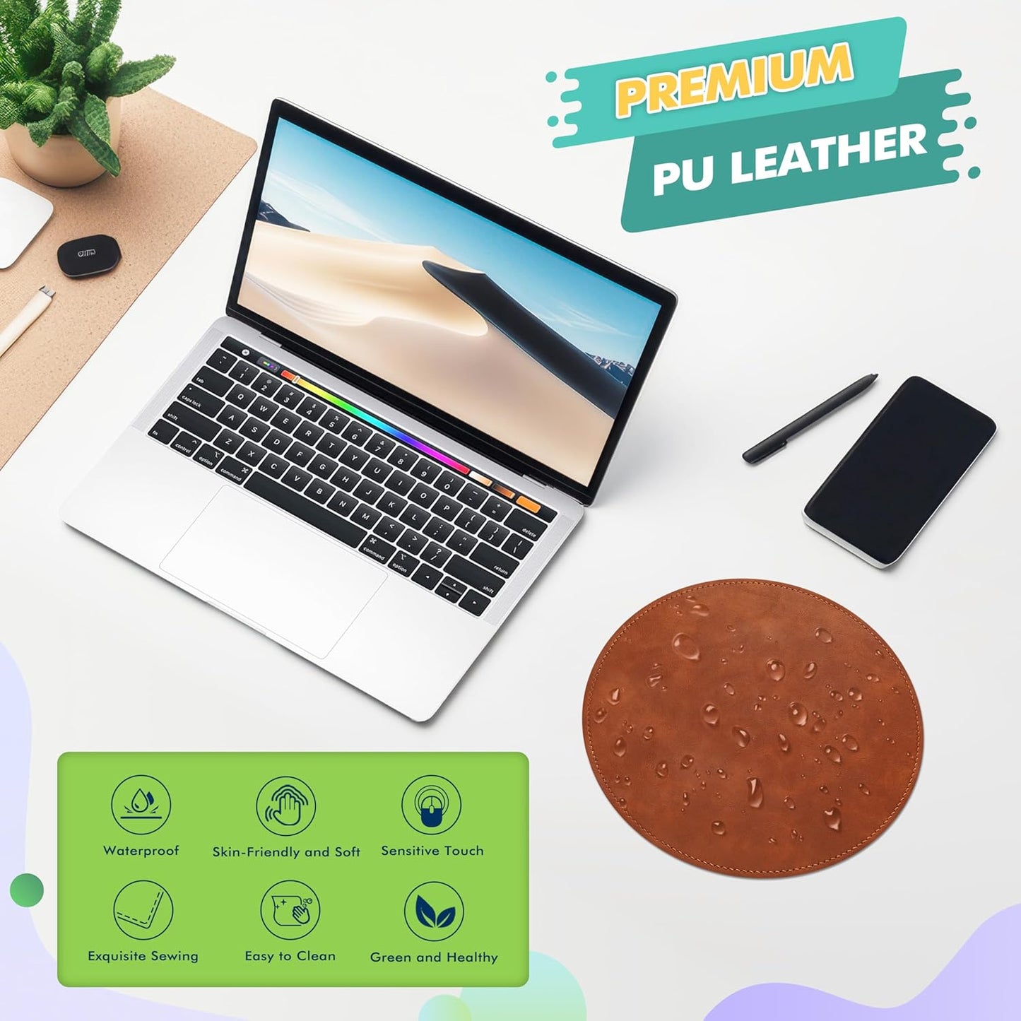 Mouse Pad，Round Mouse Pad，Pu Mouse Pad，Leather Mouse Pad with Stitched Edge Micro-Fiber Base with Non-Slip Waterproof，Mouse Pad for Computers，Laptop，9 X 9 Inch (Caramel Brown)