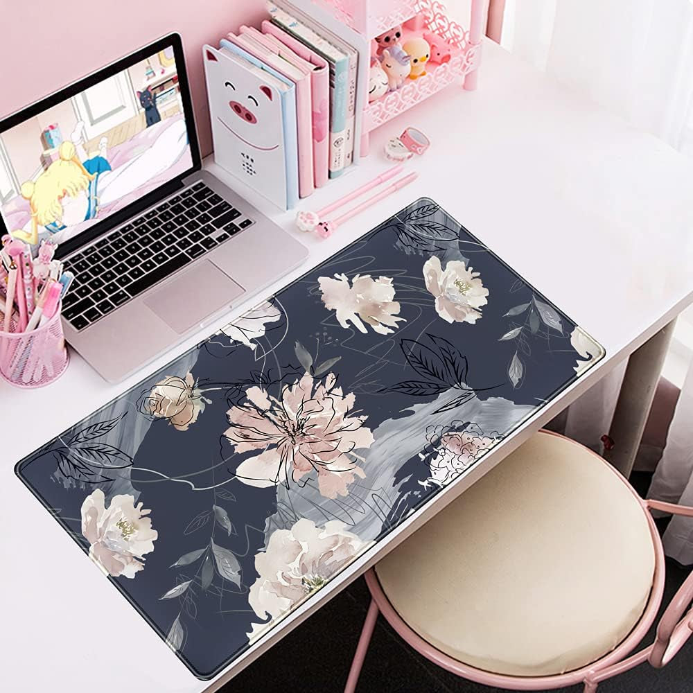 XL Mouse Pad Gaming Mouse Pad (31.5X15.7 In), Large Non-Slip Base Mousepad with Stitched Edges, Waterproof Keyboard Mouse Mat Desk Pad for Work Blue and Grey Pink White Peony …