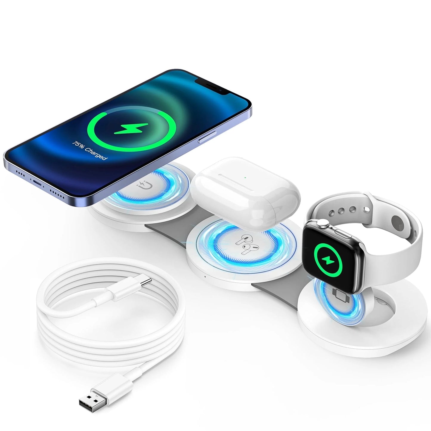 Wireless Charger for Iphone, 3 in 1 Charging Station for Iphone Devices, 15W Fast Wireless Charger Stand for Iphone 16 15 14 13 12 Pro Max, Charging Pad for Airpods 3/2/Pro, Iwatch 9/8/7/6/SE/5/4