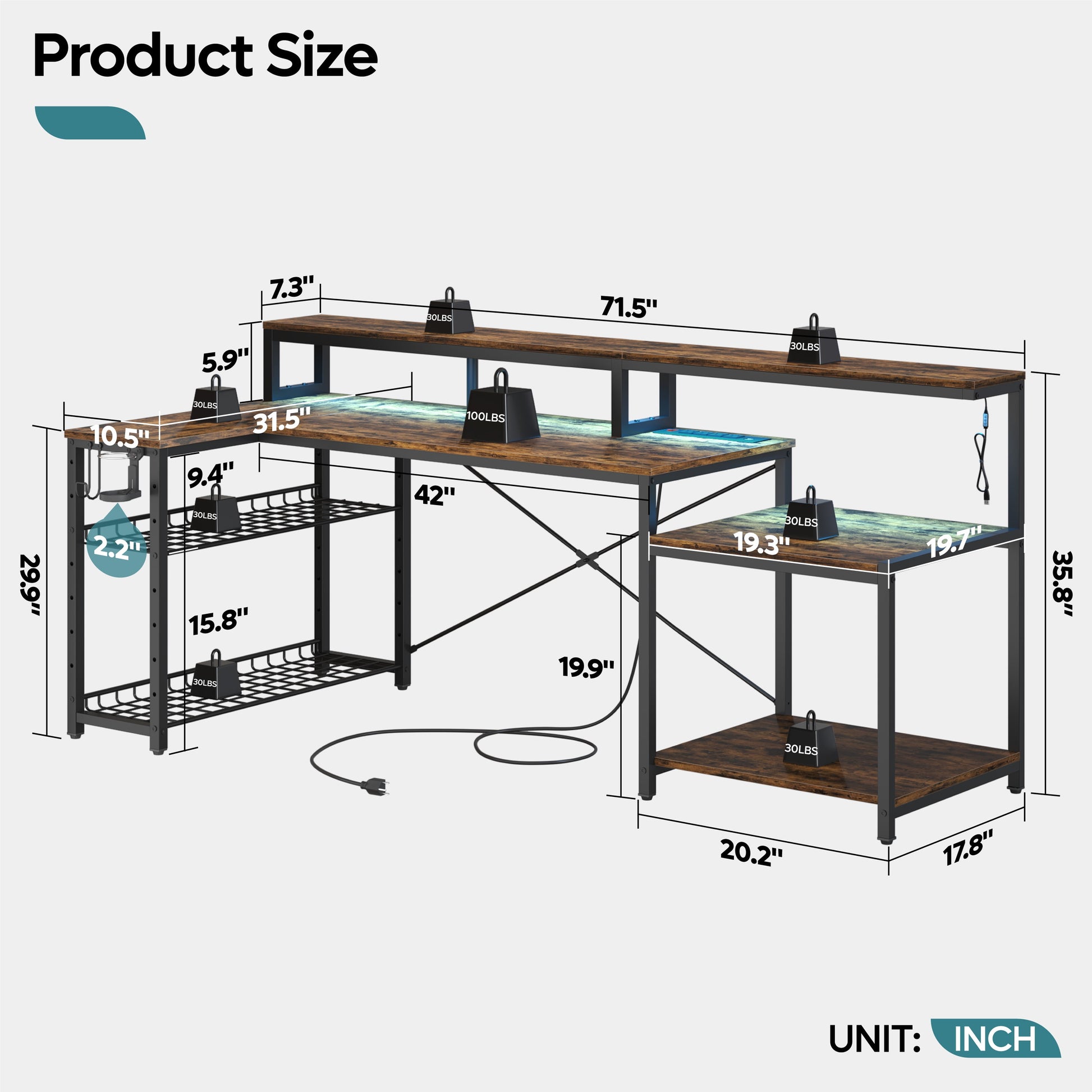 71 Inch L-Shaped Gaming Desk with Power Outlets LED Computer Office Table with Monitor Stand & Storage Shelf in Rustic