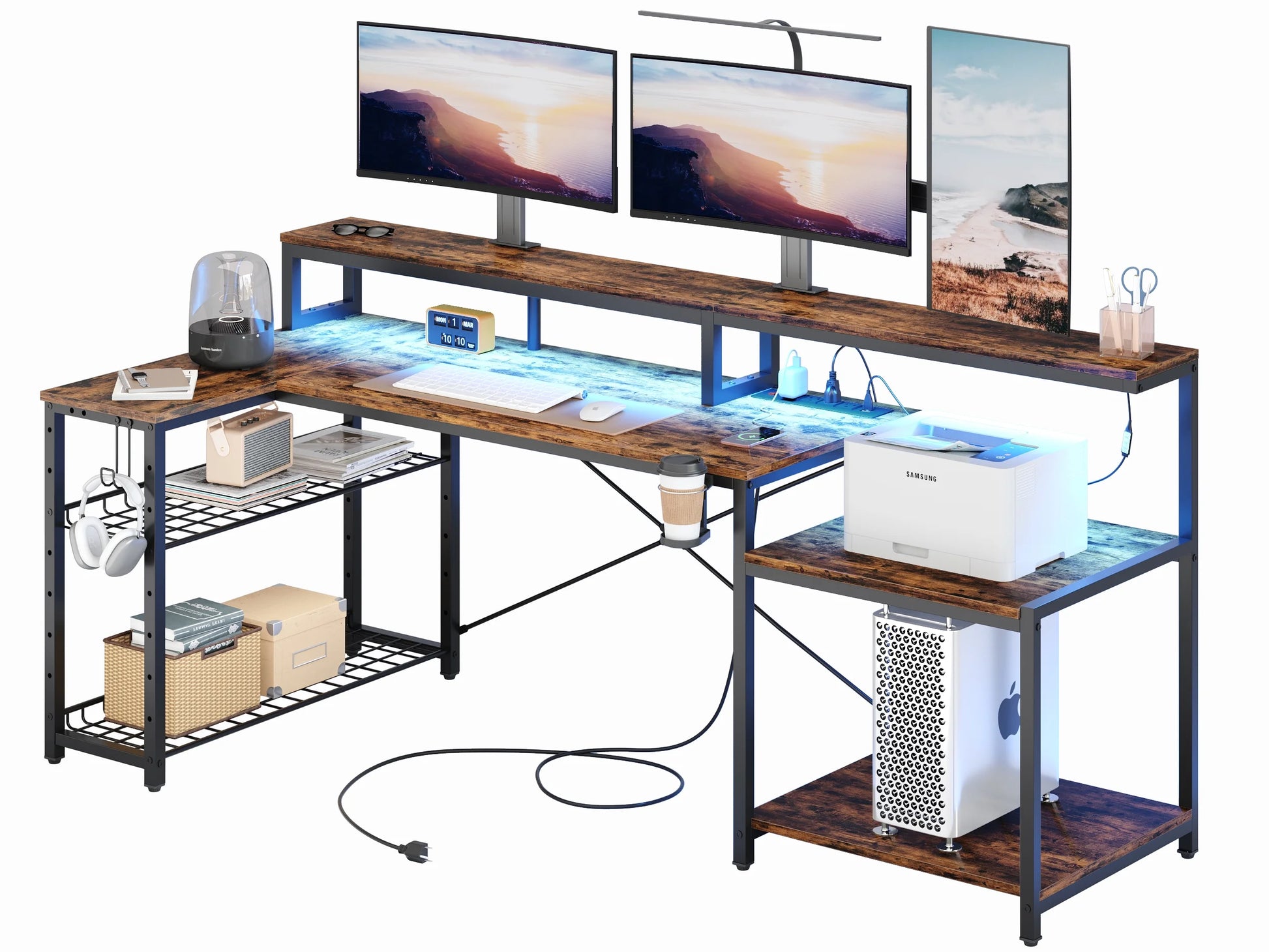 71 Inch L-Shaped Gaming Desk with Power Outlets LED Computer Office Table with Monitor Stand & Storage Shelf in Rustic