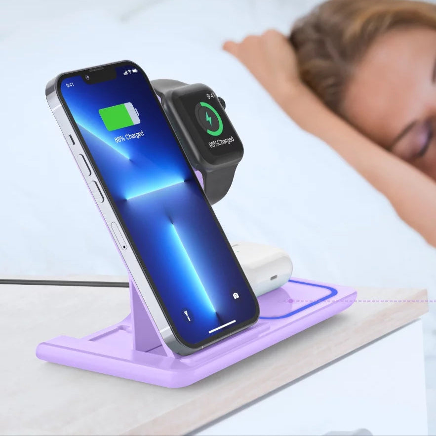 Wireless Charging Station, 3 in 1 Wireless Charger for Iphone 16/15/14/13/12/11/Pro/Pro Max/Xs, Sumsung Galaxy S26 S25 S23, 18W Charging Dock for Iwatch 10/9/8/7/6/5/4/3, Airpods 4/3/2/Pro(Purple)