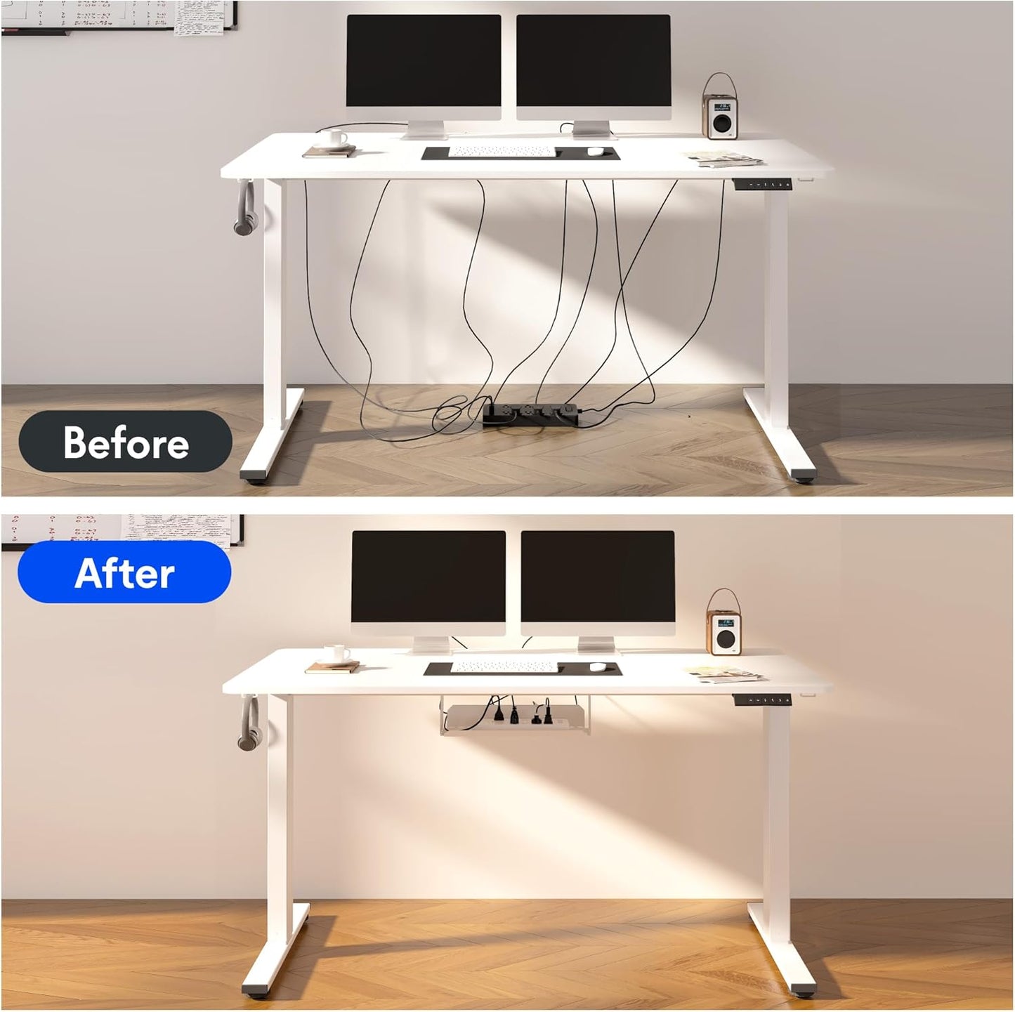 EN2 Whole-Piece Standing Desk with Clamp Power Strip, 55 X 28 Electric Stand up Height Adjustable Desk with Cable Management (White Frame + 55" White Top,2 Packages)